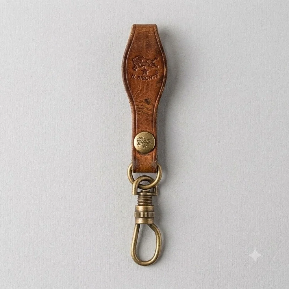 Il Bisonte Brown Leather Pull Fob 6 Inch Antique Brass Snap Loop Made Italy